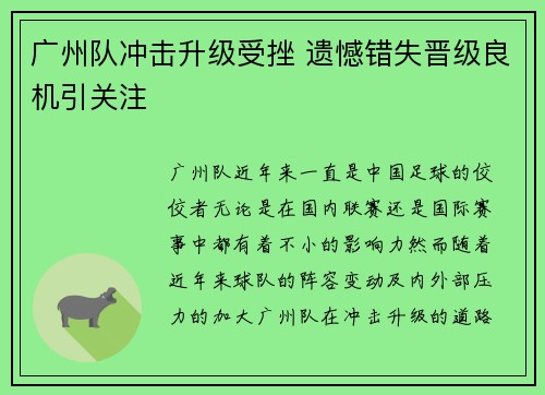 广州队冲击升级受挫 遗憾错失晋级良机引关注